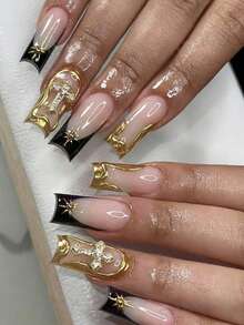 24片法式长方形美甲贴纸，3D金色十字线经典设计，全覆盖假指甲，适合女性和女孩日常佩戴 - 彩色 - 查看 1