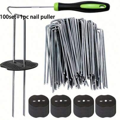 50/100 Set, Dicke U-förmige Bodennägel Anti-Gras Tuch Bodennägel Rasenfixierer zum Befestigen von Rasen Gras Anti-Gras Netz Boden verzinkte Stahlgartennägel zusätzlich zu Anti-Gras Tuch, Bodennägel + Bodennagel Pads + Hakennägel