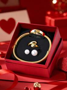 1 Set LUCKYFOX Quartz Bracelet Watch With Pearl Earrings And Ring, Minimalist Casual Retro Business Style Zinc Alloy Watch, Luxury Gift Set With Greeting Card, Suitable For Holidays, Valentine's Day Gifts - Gold - View 8