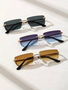 3副铜质全框几何装饰现代简约风格男士时尚眼镜，适合夏季日常生活、音乐节、热带海滩度假、外出穿着搭配，时尚配饰 - 3pcs 金灰藍雙茶組合 - 查看 8