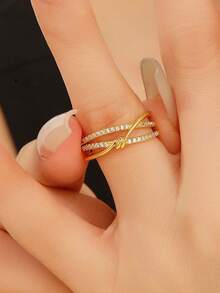 1枚不锈钢双层弧形几何开口戒指，独特设计，优雅百搭，女士戒指 - 金色雙層曲線戒指 - 查看 3