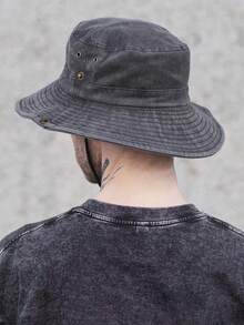 1Pc Men's Solid Color Bucket Hat Wide Brim Summer Sun Protection Portable For Outdoor Panama Hat With Adjustable Chin Strap - Multicolor - View 3