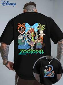 Disney Men'S Casual Fashion Reversible Zootopia Cartoon Graphic Print T-Shirt,Featuring A Comfortable Round Neck Made Of, Perfect For EverydayStylish Streetwear For Men - 黑色 - 查看 1