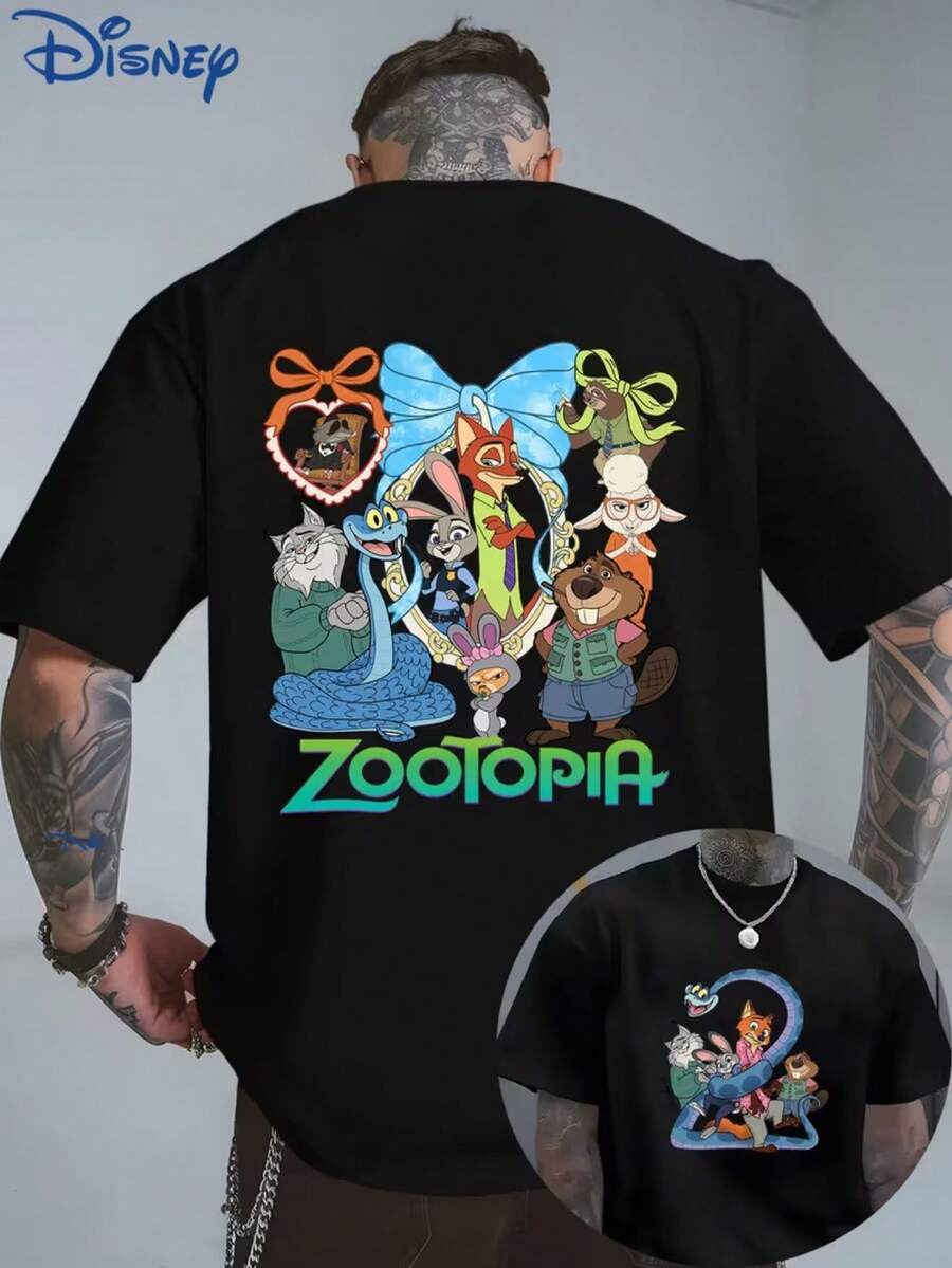 Disney Men'S Casual Fashion Reversible Zootopia Cartoon Graphic Print T-Shirt,Featuring A Comfortable Round Neck Made Of, Perfect For EverydayStylish Streetwear For Men - 黑色 - 查看 1