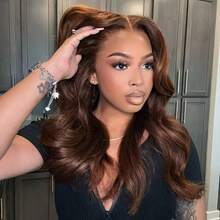 Chocolate Brown 13x4 Lace Front Wigs Human Hair 34 Inch Body Wave Brown Colored Human Hair Wig HD Lace Frontal Glueless Colored Wigs Human Hair Pre Plucked Bleached Knots With Baby Hair For Women - S4 - 查看 1