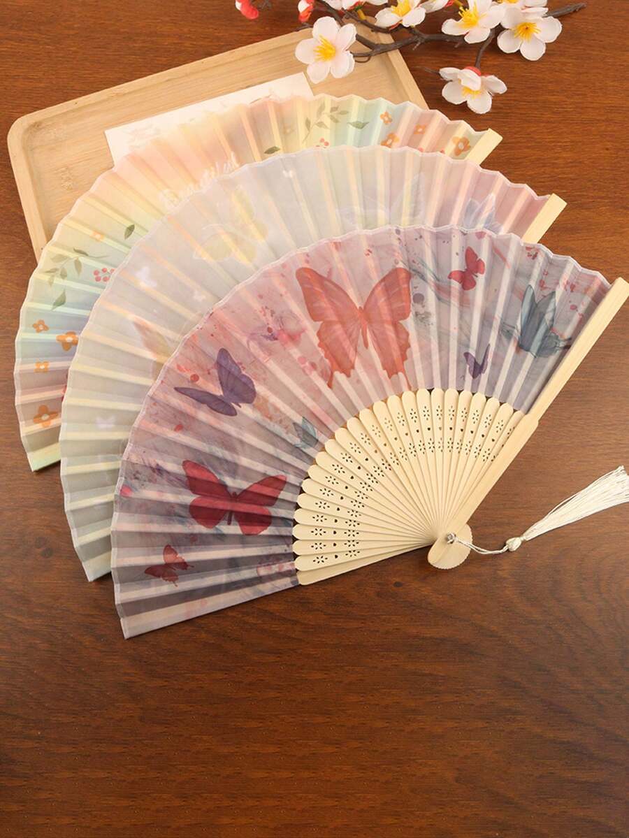 1pc New Chinese Style Vintage Folding Fan, Portable For Women In Summer, Suitable For Hanfu, Cheongsam, Dance, Photography, Bamboo Fan, Chinese Style, Bridal, Bridesmaid, Various Festival & Party Themes,Holiday,Travel For Outdoor Activities, Vacation, Travel, Outfit Accessories, And Gifting - Multicolor - View 1