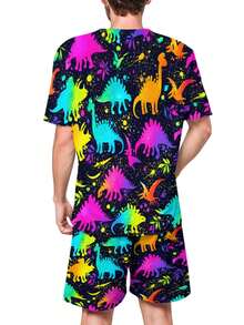 Colorful Dinosaur Silhouettes Pattern Mens Short Sleeve Set Casual Comfortable Outfit Soft Breathable Lounge Wear Summer Fashion Gift - 彩色 - 查看 4