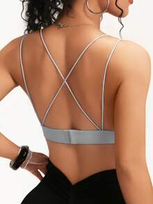 1件装女士交叉露背露乳沟支撑性感荷叶边文胸 - 灰色 - 查看 2