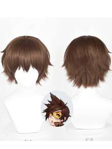 8inch Classic Fluffy Brown Synthetic Wig, Suitable For Casual Wear, Game Cosplay, Overwatch Hana "D.Va" Song, Unisex With Wig Cap - Brown - View 1