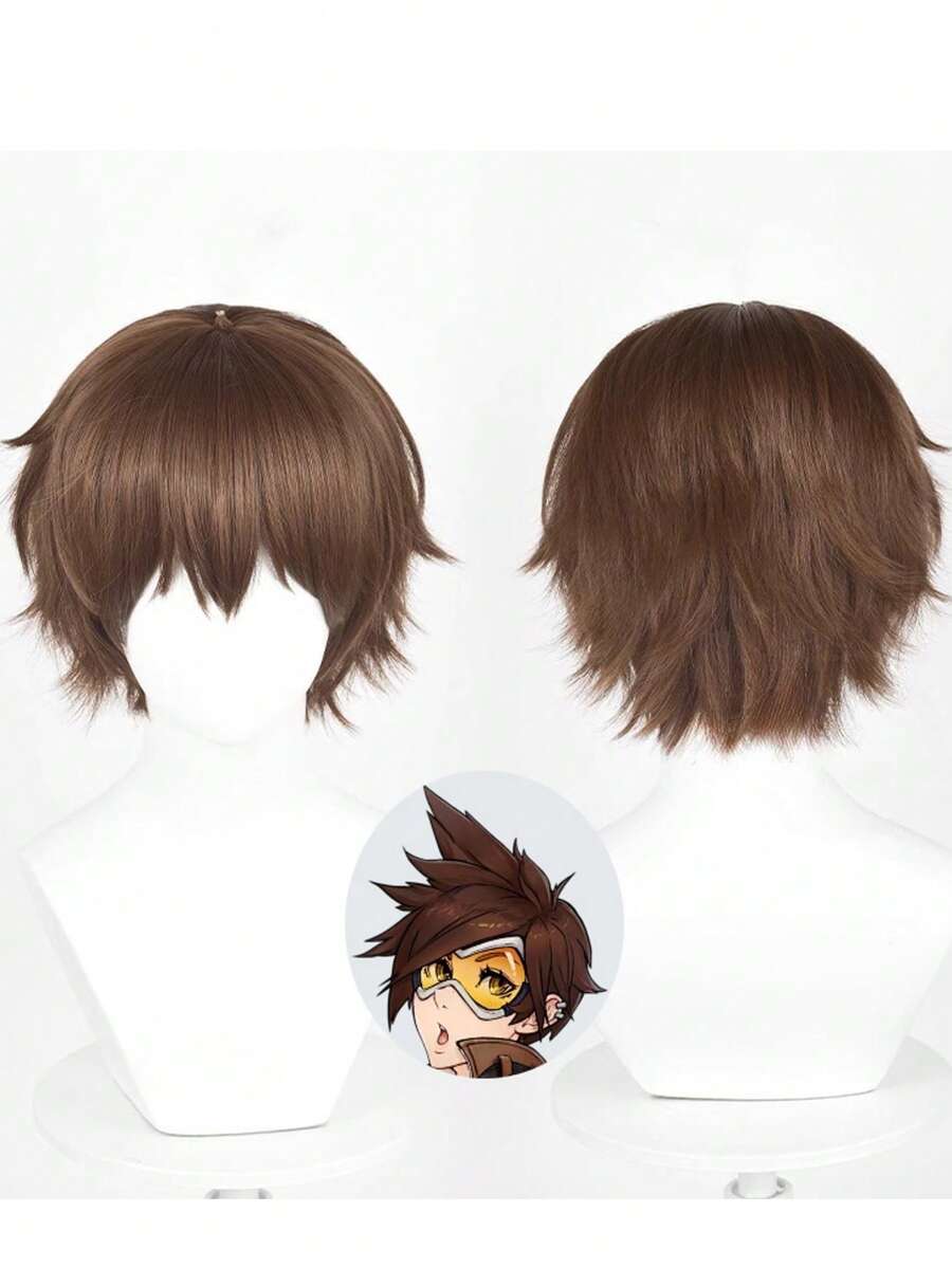 8inch Classic Fluffy Brown Synthetic Wig, Suitable For Casual Wear, Game Cosplay, Overwatch Hana "D.Va" Song, Unisex With Wig Cap - Brown - View 1