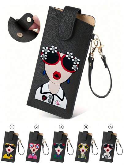 甜美酷炫的大号PU眼镜包，女王图案设计，可爱波普艺术少女印花，鹅卵石纹超细纤维牛皮皮带扣眼镜包，女士包包，旅行配件超细纤维牛皮，ins风眼镜盒，手提包，时尚眼镜收纳包，近视眼镜保护皮套，适合挂在包上，收纳眼镜，可作为母亲节礼物、情人节礼物，适合旅行、露营、海滩、旅游必备。日常使用和旅行的理想时尚礼物