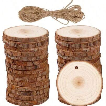 15pcs 2 Inch - 2.4 Inch Natural Wood Slices Wood Centerpiece Unfinished Predrilled Wooden Circles Great Arts And Crafts Ornaments Crafts With Hole Includes 33' Of Natural Jute Twine