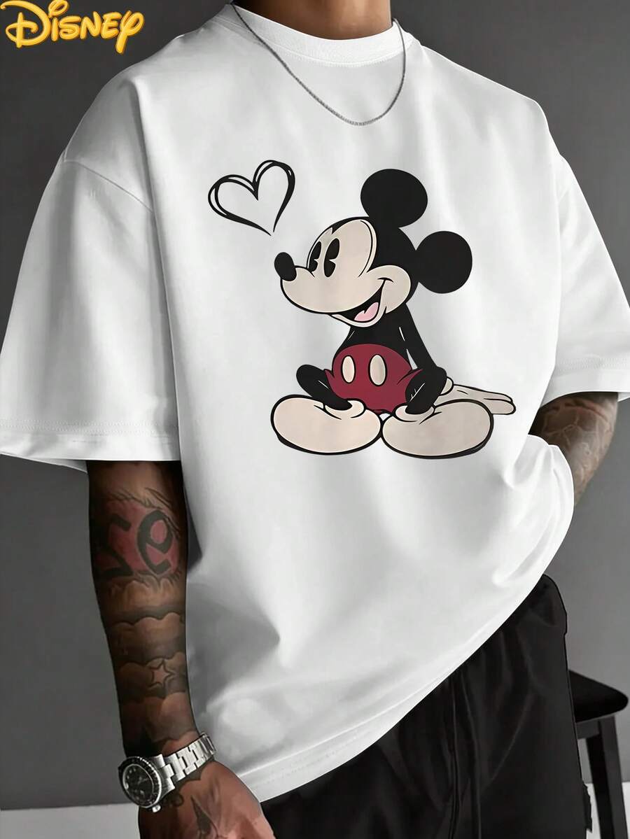 Disney Mickey Mouse Sitting Heart Print Oversize T-Shirt, Classic Cartoon Casual Cotton Graphic Tee - White - View 1