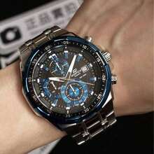 Casio 卡西欧 EDIFICE 蓝色表圈三眼计时石英表，100米防水，不锈钢表带，男士商务运动腕表 - 均碼 - 查看 9