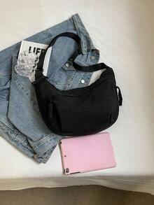 Fashionable Yellow Nylon Waterproof Shoulder Bag With Simple & Casual College Style, Wide Strap, Multiple Zipper Design Suitable For Students, Shopping, Daily Use, Shoulder Bag For School - màu đen - Xem 3
