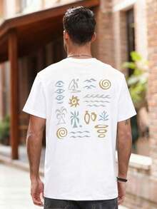 Camiseta casual de manga corta y cuello redondo con estampado botánico sencillo para hombre - Blanco - Ver 2