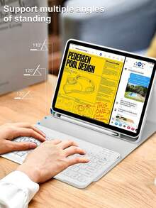 Funda con teclado inalámbrico Bluetooth gris con teclado desmontable, modo de suspensión/activación automático, batería de 150mAh, soporte delgado, soporte para lápiz - compatible con iPad - Gris - Ver 5