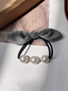 1pc French Pearl Bow Hair Scrunchie, High Elasticity Durable Hair Tie For Women, Ponytail, Rabbit Ears Hair Tie - Grey - View 9