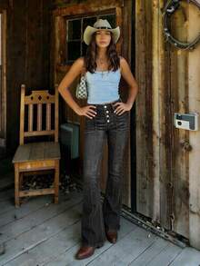 女士时尚前扣喇叭裤，修身黑色弹力喇叭裤 - 黑色 - 查看 6