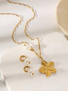 3pcs Gold Stainless Steel Plumeria Pendant Jewelry Set, Necklace Suitable For Gifting To Friends And Girlfriends - Frangipani + Earring Set - View 4