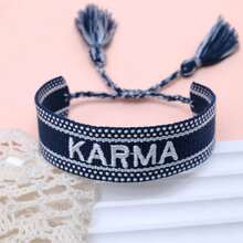 1 pieza Pulsera tejida a mano con letra Karma, accesorio vintage minimalista creativo y casual de bendición - Azul Marino - Ver 3