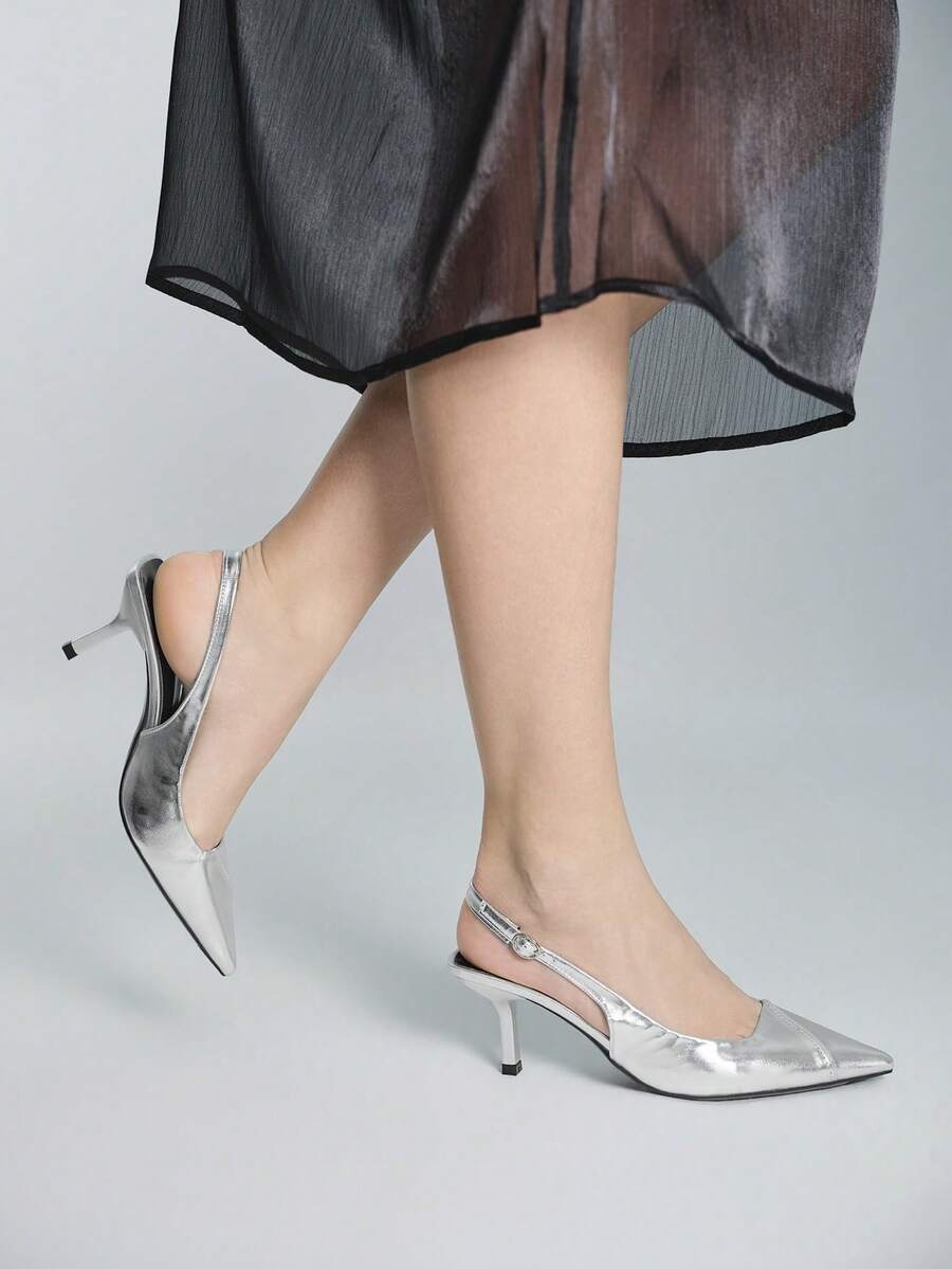 Giày cao gót mũi nhọn có khóa cài dành cho nữ, kiểu dáng thời trang, thích hợp mang hàng ngày. - Bạc - Xem 1