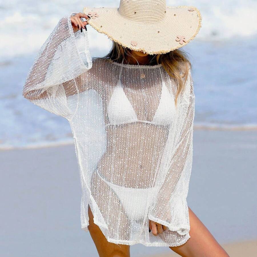 Hollow-Out Glitter Woven Snowflake Embellished 2026 Cross-Border Beach Dress, Sun Protection Clothing, Off-Shoulder Bikini Cover-Up - trắng - Xem 1