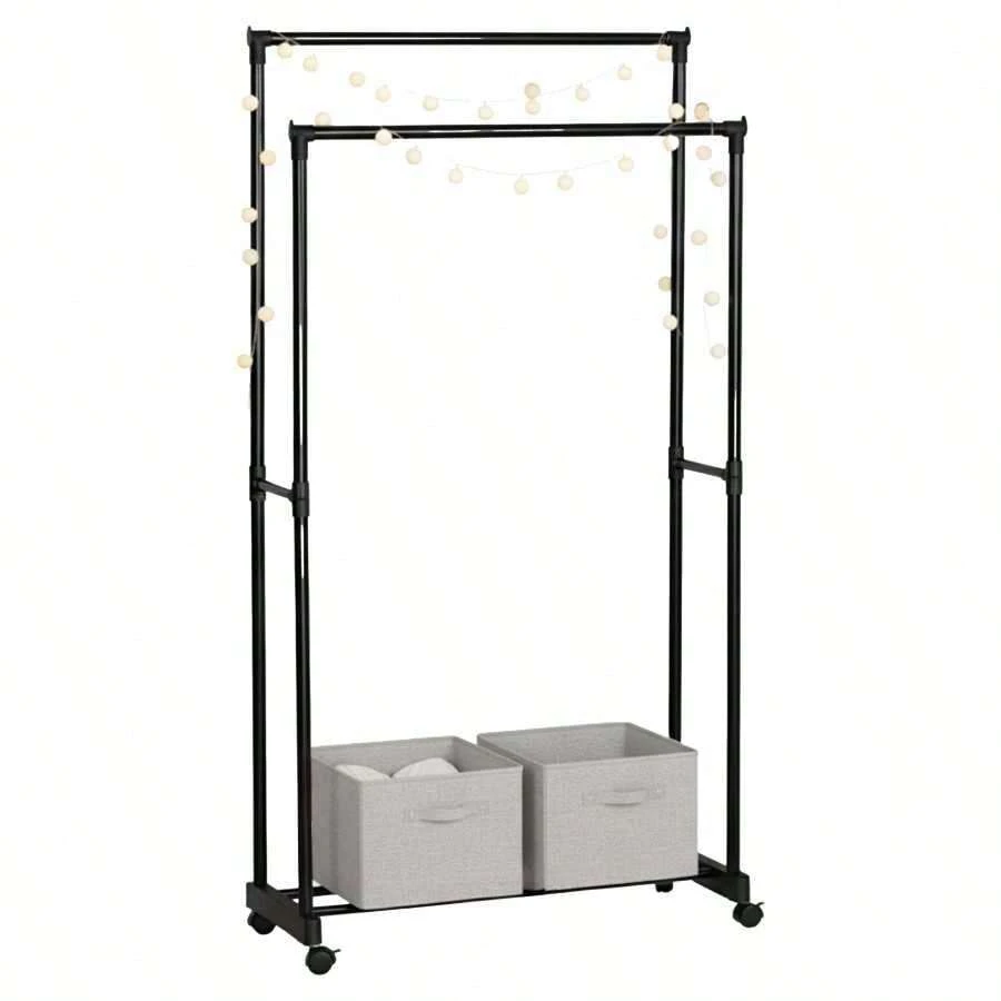 Miroytengo Cabideiro moderno preto para quarto, estrutura de metal com revestimento em melamina, barras duplas, ganchos resistentes para roupas, organizador de corredor, 75 x 157 x 39 cm. - Preto - Ver 1