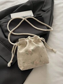 Bolso de paja tejido en diagonal de un solo hombro, bolso de cubo de playa para mujer - Beis - Ver 6