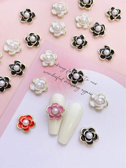 12件美甲饰品，美甲用品，春夏花卉仿珍珠，白色、粉色、橙色。简约可爱金属美甲饰品，日韩风格。美甲宝石，适用于多种DIY美甲配件。美甲装饰。