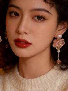 1 Pair Pink Acrylic Petal Chain Crystal Pearl Earrings, European And American Style Personalized Fashion Long Tassel Earrings For Women And Girls, Travel, Wedding, Party, Birthday, Christmas Gift 2026 - Pink - View 2