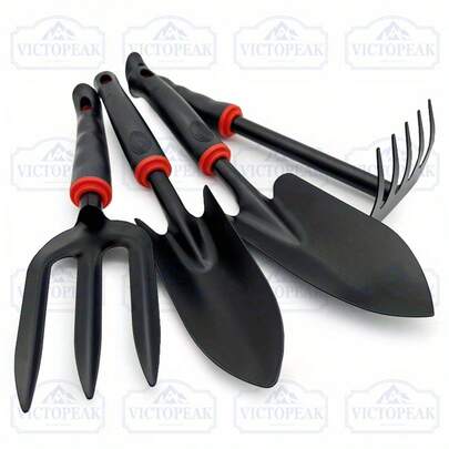 4 قطع مجموعة أدوات يدوية للبستنة: مجرفة صغيرة، مجرفة صغيرة، مشط ذو 3 أسنان، مشط ذو 5 أسنان