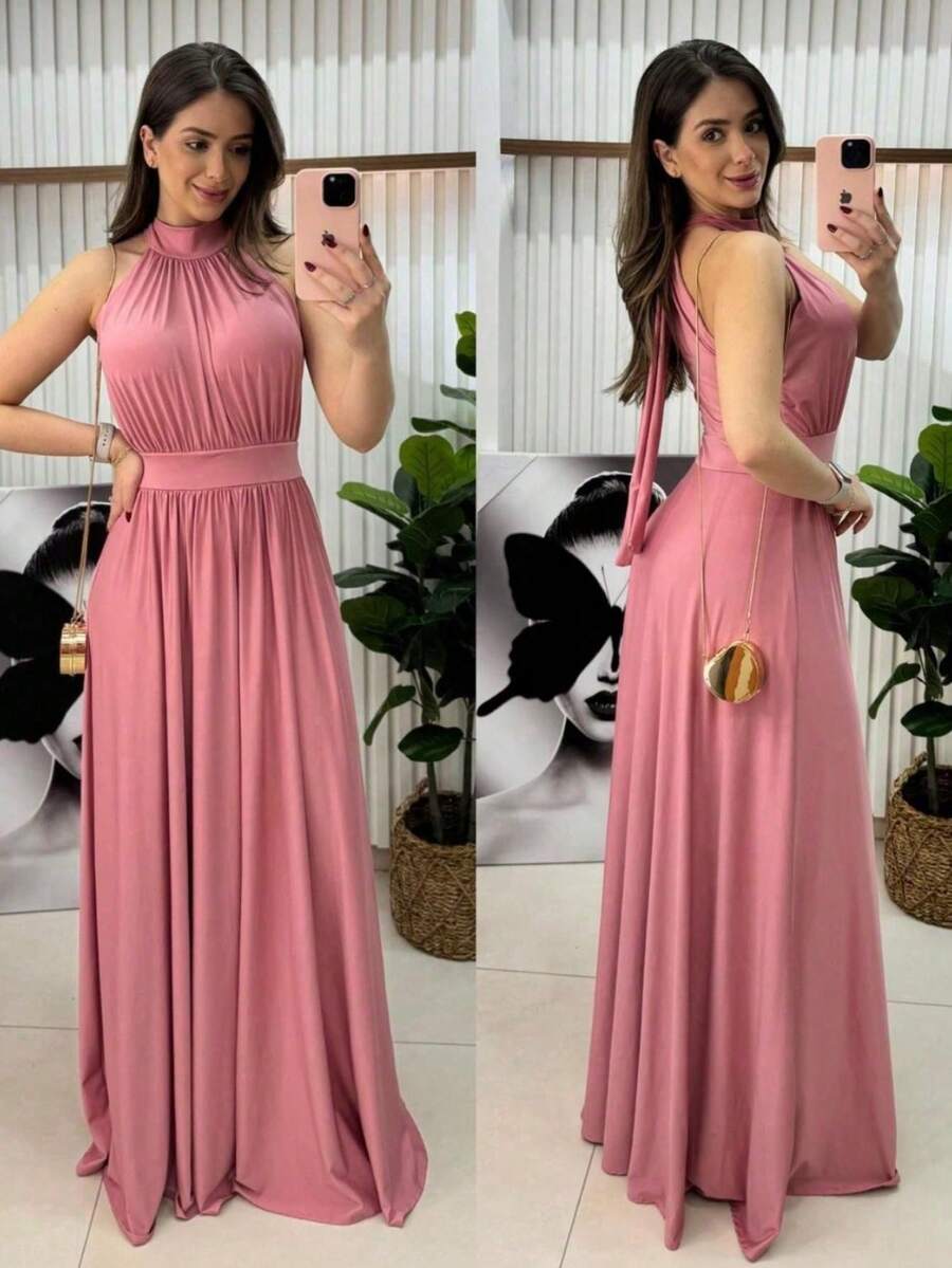 Women's Fluity Mesh Long Sleeveless Dress High Neck Solid Color Elegant Party Fashion - 乾枯玫瑰色 - 查看 1