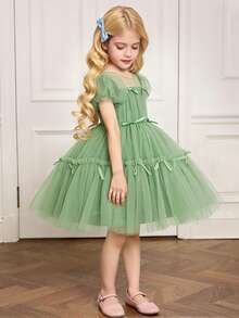 女童圆领水钻蝴蝶结网纱优雅舞会礼服，适合生日派对、毕业典礼、重要场合，不含头饰 - 綠色 - 查看 1