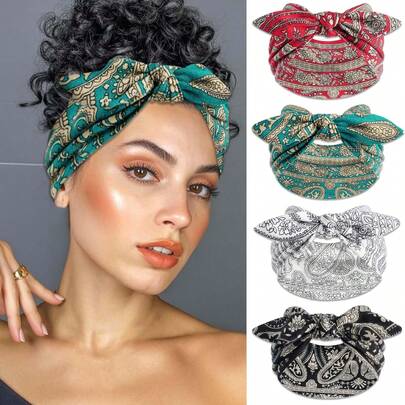 4条装女士宽发带，波西米亚风头巾，蝴蝶结发带，佩斯利花纹发带，防滑柔软发箍，可爱发箍，佩斯利花纹涤纶纤维