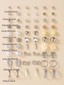 30 Pairs/Set Faux Pearl & Rhinestone Flower & Heart Minimalist Element Earrings, Elegant Daily Wear Earring Set For Women - Silver - View 5