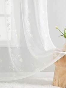 1PC Modern Minimalist White Sheer Curtain,Embroidered Flowers Sheer Voile For Living Room And Bedroom,Easy To Install,Machine Washable. - Rod Pocket Process - White - View 6