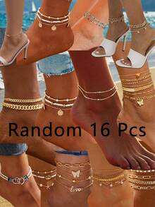 16pcs Versatile Minimalist Crystal Butterfly, Faux Pearl, Evil Eye, Starfish, Shell Elements Anklet Set, Suitable For Women & Girls, Beach Holiday Travel Gift - Yellow Gold - View 11
