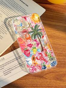 1pc Tropical Island Themed Patchwork Seafood Tropical Fruit Beverage Shell Pattern Transparent Anti-Slip Soft Phone Case Compatible With IPhone 11/12/13/14/15/16/17 Pro Max - Multicolor - View 1