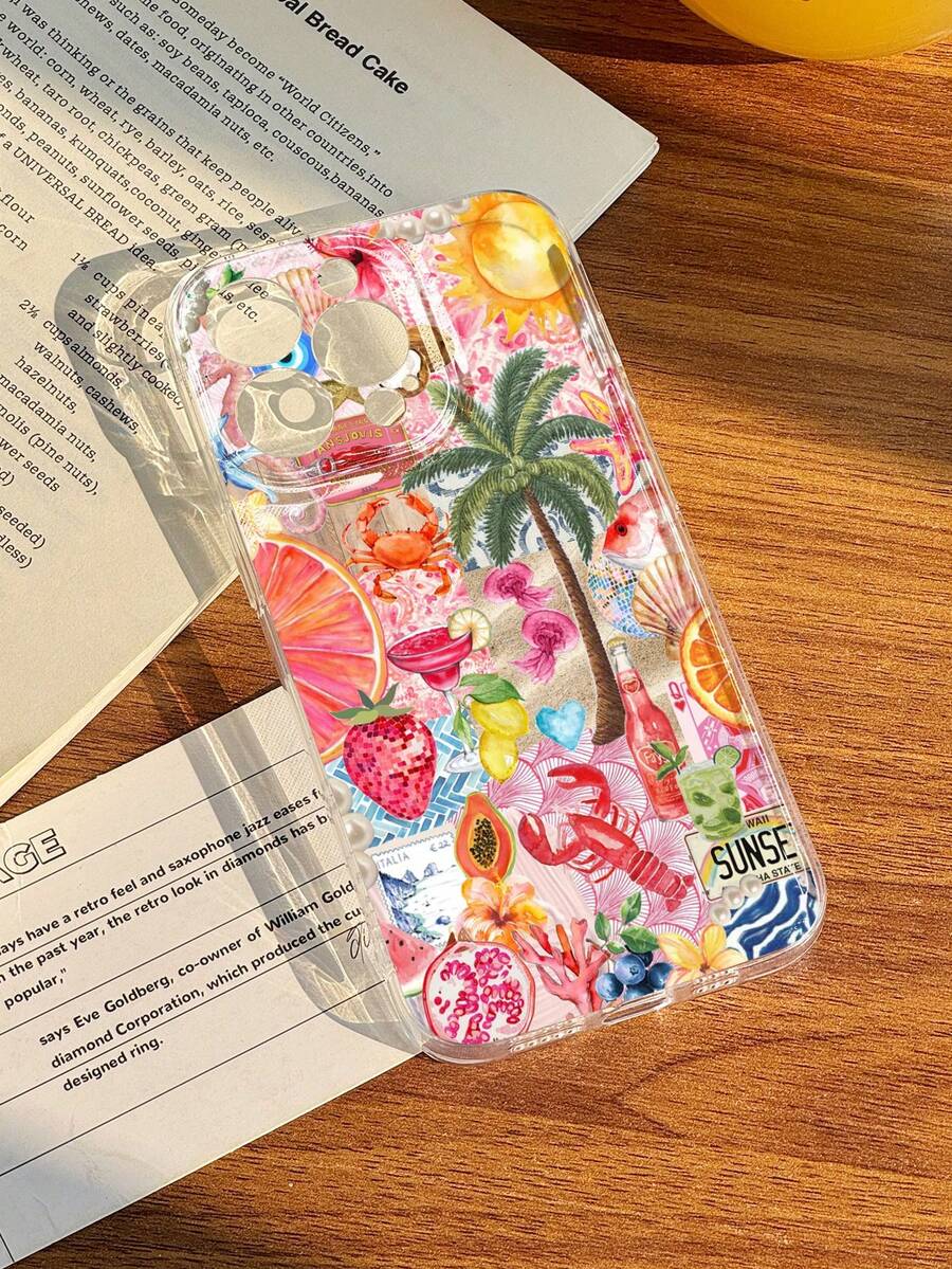 1pc Tropical Island Themed Patchwork Seafood Tropical Fruit Beverage Shell Pattern Transparent Anti-Slip Soft Phone Case Compatible With IPhone 11/12/13/14/15/16/17 Pro Max - Multicolor - View 1