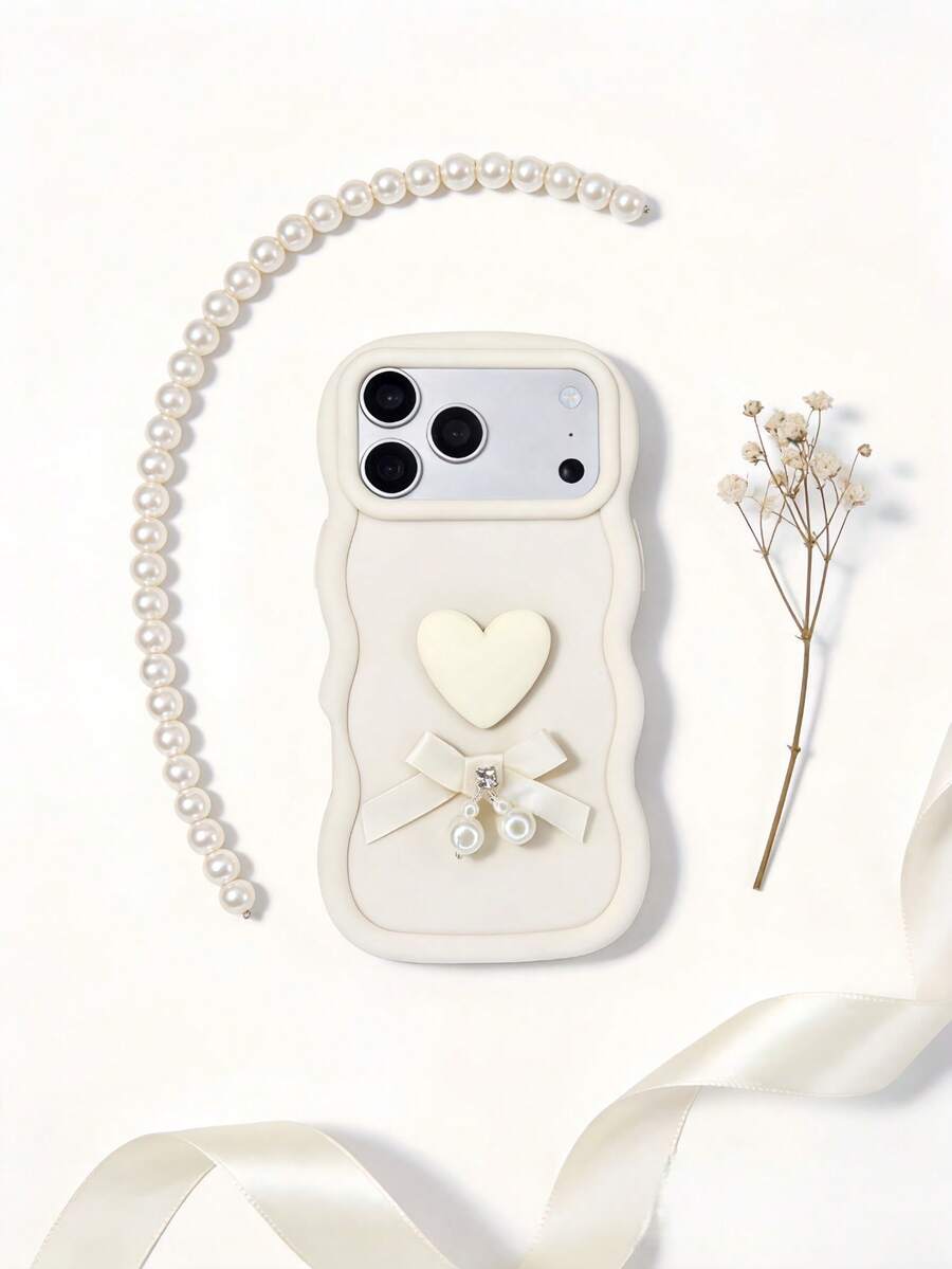 1个创意可爱爱心珍珠蝴蝶结，简约波浪边设计，兼容 7/8/X/XR/XS Max/11/12/13/14/15/16/17 Pro Max，兼容三星A14/A15/A16/A17/A04/A05/A06/A07/A54/A55/A56/A34/A35A/36/S25/S25 Plus/S25 Ultra，兼容A54，兼容MOTO G13/14/15，柔软全包手机壳 - 波浪白色 - 查看 1