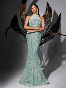 Women's Elegant Strapless Pearl Embroidered Sequin Formal Evening Gown, Mermaid Cut, Suitable For Spring Prom, Wedding Guest, Cocktail Party, Graduation Ceremony, Celebration Events - Mint Blue - View 5