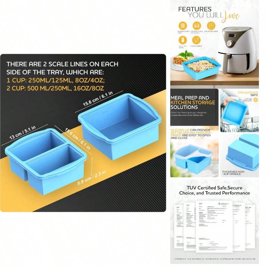 Silicone Freezer Trays With Lids, Set Of 2 - With 1cup And 2 CupSilicone Freezer Molds For Freezing Soups, Sauces And Individual Servings Of Lasagna, Casseroles, Dishwasher And Microwave - 2 Pack Blue - View 1