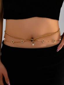 1pc Fashionable Hollow Four-Leaf Clover Rhinestone Pendant Necklace Chain, Suitable For Women's Daily, Vacation, Party, Music Festival Outfits, Waist Chain - Yellow Gold - View 1