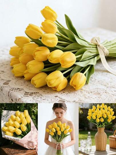 6 piezas de tulipanes amarillos artificiales, flores amarillas con tallos y hojas de un verde vibrante, arbustos de tulipanes de plástico resistente a los rayos UV similares a la seda, adecuados para decoración exterior, bodas, decoración del hogar, Día de San Valentín y Acción de Gracias