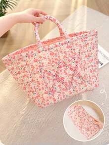 Pink Multi-Size Storage Basket Storage Basket, Desktop Sundries Storage Basket, Quilted Floral Storage Basket Laundry Basket Floral Clothing Storage Basket Large Capacity Laundry Basket Storage Bag Foldable Snack Basket With Handle Skincare Tool Storage Basket Toy Storage Basket Empty Basket Storage Bag - Pink - View 7