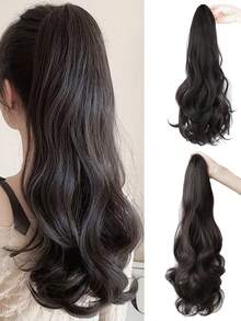 黑色马尾辫接发，女士专用，18英寸大波浪卷发，爪夹式马尾辫，自然合成假发接发，易于使用，蓬松不打结 - 彩色 - 查看 1