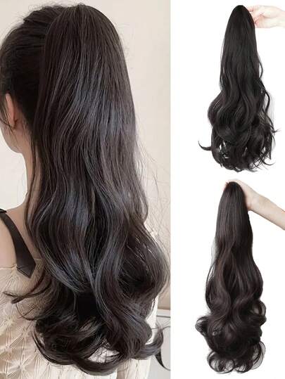 黑色马尾辫接发，女士专用，18英寸大波浪卷发，爪夹式马尾辫，自然合成假发接发，易于使用，蓬松不打结