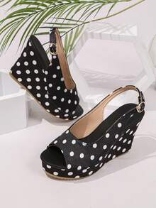 Giày sandal đế xuồng chấm bi đen cho nữ, sandal cao gót hở mũi gợi cảm có quai ngang mắt cá chân, phù hợp cho trang phục thường ngày, kỳ nghỉ, đi biển, dự tiệc, và những dịp thanh lịch. - màu đen - Xem 6