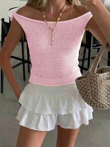 Áo dệt kim màu vàng hở vai phong cách Y2K, thích hợp cho kỳ nghỉ biển và các chuyến đi chơi. Màu hồng. - Hồng - Xem 2